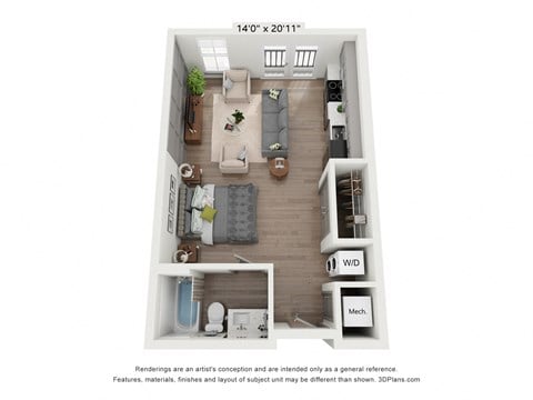 Floor plan for studio, 1 bath, 502 sqft